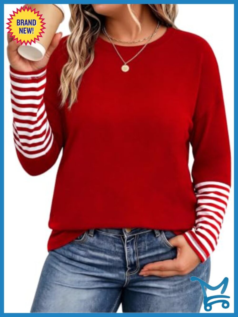 Plus Size Striped Long Sleeve Tunic Top Crew Neck Drop Shoulder